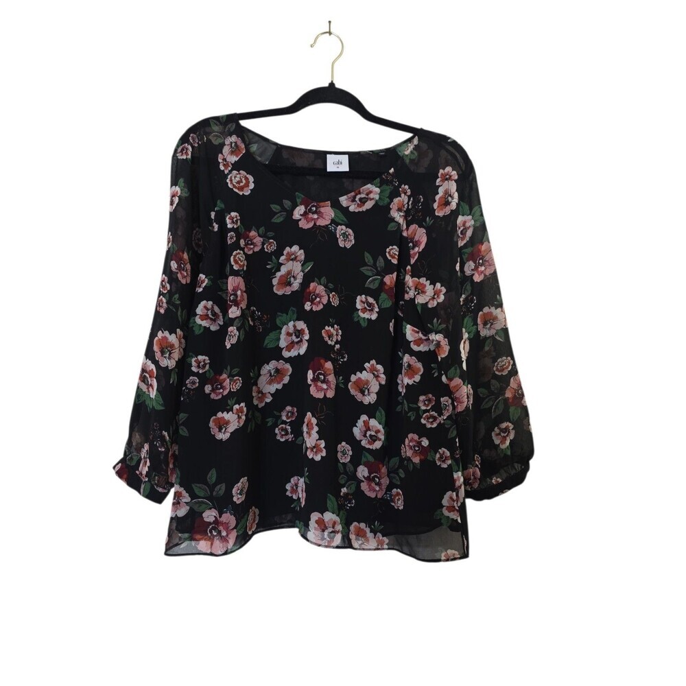 CABI Garden Blouse Floral Black & Pink Rose Chiffon Long Sleeves Medium